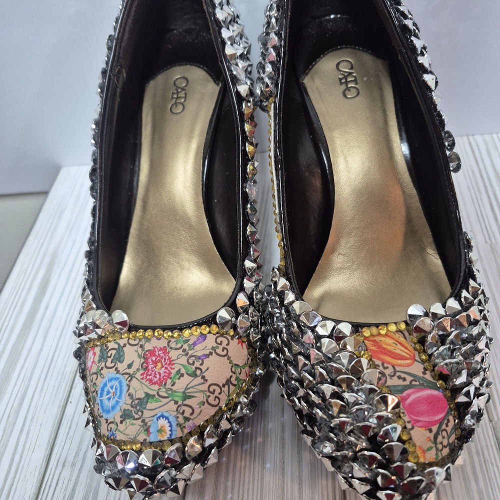 Cato Black and Silver Studded Floral Heels